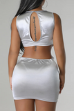 woloong - Silver Sexy Solid Hollowed Out Patchwork Strap Design Reflective O Neck One Step Skirt Dresses
