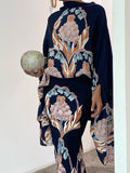 woloong Batwing Sleeves Loose Flower Print Mock Neck Blouses&Shirts Tops