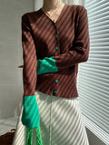 woloong Split-Joint Contrast Color Buttoned Long Sleeves Flared Sleeves V-Neck Cardigan Tops