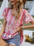 woloong Tied Tasseled Split-Joint Flower Print Buttoned Short Sleeves Loose V-Neck T-Shirts Tops