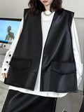 woloong Solid Color Pockets Buttoned Sleeveless Loose V-neck Vest Outerwear