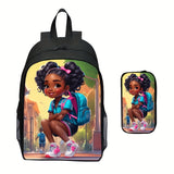 2pcs Stylish Printed Nylon Backpack Set - Lightweight, Large Capacity, Zipper Closure, Cute Design, Ideal for School Days and Birthday Gifts for Boys and Girls