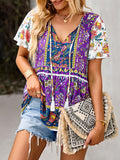 woloong Tied Tasseled Split-Joint Flower Print Buttoned Short Sleeves Loose V-Neck T-Shirts Tops
