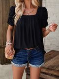 woloong Solid Color Pleated Hollow Short Sleeves Loose Square-Neck T-Shirts Tops