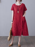 woloong Original Solid Jacquard Short Sleeve Midi Dress