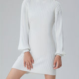 Lantern Long Sleeve Sweater Dress - Body-Hugging Fit Solid Color Elegant High Neckline Girls Knitted Sweater Dress for Everyday Wear with Comfortable Relaxed Fit and Easy Pullover Style