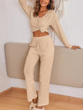 woloong V-Neck Long Sleeves Loose Solid Color Shirt Top + Pants Bottom Pajama Sets
