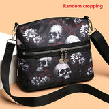 Vibrant Floral Skull Crossbody Bag for Women - Adjustable Strap, Lightweight, Multi-Functional Travel Purse with Polyester Lining, Random Printed Flowers Pattern, Casual Punk Style for Daily Commuter and Work - Zipper Closure, Nylon Material