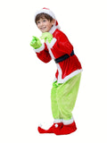 Kids Polyester Santa Elf Outfit with Green Monster Pants, Long Sleeve, Traditional Christmas Party Roleplay Apparel with Cardigan Collar - Knit Fabric & Slight Stretch for All Seasons