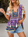 woloong Tied Tasseled Split-Joint Flower Print Buttoned Short Sleeves Loose V-Neck T-Shirts Tops