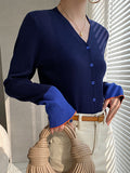 woloong Split-Joint Contrast Color Buttoned Long Sleeves Flared Sleeves V-Neck Cardigan Tops