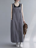 woloong Casual Solid Color With Pocket Suspender Dress