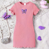 Girls' Ribbed Knit Solid Color Round Neck Dress with Butterfly Applique, Casual Style, Purple - Kids' Fashion Clothing