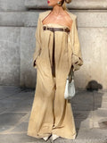 woloong Buttoned Long Sleeves Collarless Outerwear Top + Wide Leg Belted Jumpsuits Two Pieces Set