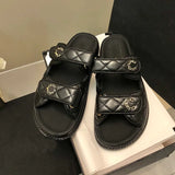 High-Quality Designer Sandals Dad Sandale Luxury Slides Summer Beach Flip Flop Women Crystal Calf Leather Roman Sandal Flat Heel Wedge Diamond Woven Buckle Slippers