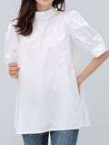 woloong Solid Color Pleated Bowknot Loose Half Sleeves Mock Neck Blouses&Shirts Tops