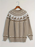 1pc Women's Casual Christmas Reindeer Pattern Pullover Sweater, Long Sleeve Round Neck Knitwear, Autumn/Winter Season, Color Block Detail, Acrylic Material