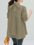woloong Solid Color Pleated Bowknot Loose Half Sleeves Mock Neck Blouses&Shirts Tops