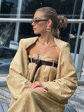 woloong Buttoned Long Sleeves Collarless Outerwear Top + Wide Leg Belted Jumpsuits Two Pieces Set