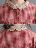 woloong Plaid Ramie Cotton Plus Szie Long Sleeve Shirts