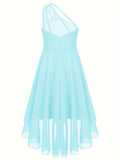 Knee High Elegant One-Shoulder Chiffon Fit and Flare Dress for Girls - Shimmering Rhinestone, Medium Stretch, Sleeveless, Pleated Hem, Solid Color, Hand Wash - Perfect for Junior Bridesmaid, Wedding, Pageant, and Party Occasions