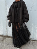 woloong Split-Joint See-Through Mesh Jacquard Hollow Elasticity Loose High Waisted Skirts Bottoms