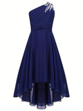 Knee High Elegant One-Shoulder Chiffon Fit and Flare Dress for Girls - Shimmering Rhinestone, Medium Stretch, Sleeveless, Pleated Hem, Solid Color, Hand Wash - Perfect for Junior Bridesmaid, Wedding, Pageant, and Party Occasions
