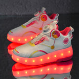 Girls Sparkle Roller Skateboard Shoes - Dazzling Rechargeable LED Light, Fun Rotating Button, Ultra-Lightweight, Advanced Anti Slip, Double-wheeled - Perfect for Indoor and Outdoor Adventures, All Seasons