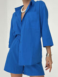 woloong Split-Joint Solid Color High-Waisted Elasticity Drawstring Wide Leg Loose Lapel Two Pieces Set