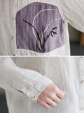 woloong Vintage Long Sleeves Loose Embroidered Lapel Collar Blouses&Shirts Tops