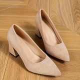 Stylish High Heel Block Pumps - Solid Color Pointed Toe Fashion Shoes with Fabric Upper and Rubber Sole - Comfortable Slip-On Design for All Seasons