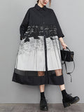 woloong Split-Joint Printed Gauze Buttoned Loose Long Sleeves Lapel Midi Dresses