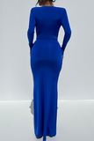 woloong - Blue Sexy Solid Patchwork Slit Fold V Neck Irregular Dress Dresses