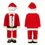 Classic Santa Claus Costume Set for – 4pcs Festive Outfit with Coat, Pants, Hat, and Shoe Covers, Soft Red Polyester, Baby Christmas Apparel, Collar Top for Seasonal Parties and Events