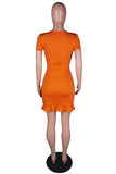 woloong - Black Sexy Casual Solid Hollowed Out Frenulum V Neck Short Sleeve Dress