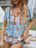 woloong Tied Tasseled Split-Joint Flower Print Buttoned Short Sleeves Loose V-Neck T-Shirts Tops