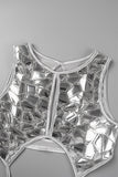 woloong - Silver Sexy Solid Hollowed Out Patchwork Strap Design Reflective O Neck One Step Skirt Dresses