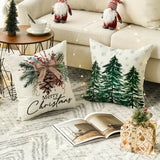 4-Pack 18x18 inches Rustic Linen Throw Pillow Covers, Christmas Trees & Reindeer Design, "Hello Winter" & "Merry Christmas" Holiday Cushion Cases with Zipper, Machine Washable for Sofa & Couch Decor