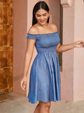 Womens Elegant Denim Midi Dress - Off-Shoulder Design with Delicate Ruffle Smocked Detail and Classic Plain Jean Skirt - Perfect for Chic Summer Fashion Occasions