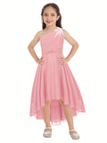 Knee High Elegant One-Shoulder Chiffon Fit and Flare Dress for Girls - Shimmering Rhinestone, Medium Stretch, Sleeveless, Pleated Hem, Solid Color, Hand Wash - Perfect for Junior Bridesmaid, Wedding, Pageant, and Party Occasions