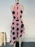 woloong Polka-Dot Asymmetric Sleeveless Loose Halter-Neck Midi Dresses