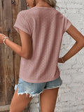woloong Split-Joint Jacquard Hollow Short Sleeves Raglan Sleeve V-Neck T-Shirts Tops