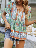 woloong Tied Tasseled Split-Joint Flower Print Buttoned Short Sleeves Loose V-Neck T-Shirts Tops