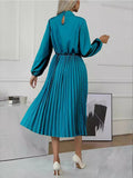 woloong Solid Color Pleated No Belt Hollow Elasticity Buttoned Puff Sleeves Loose High Neck Midi Dresses