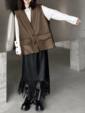 woloong Solid Color Pockets Buttoned Sleeveless Loose V-neck Vest Outerwear