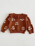 Adorable Cherry Pattern Ruffle Decor Knitted Cardigan - Soft Cotton, Casual Button Down, Toddler & Infant Girl's Fall Winter Sweater - Perfect for Daily Wear, Photoshoots, and Special Occasions
