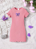 Girls' Ribbed Knit Solid Color Round Neck Dress with Butterfly Applique, Casual Style, Purple - Kids' Fashion Clothing