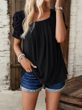 woloong Solid Color Pleated Hollow Short Sleeves Loose Square-Neck T-Shirts Tops