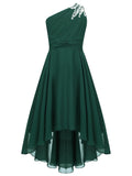 Knee High Elegant One-Shoulder Chiffon Fit and Flare Dress for Girls - Shimmering Rhinestone, Medium Stretch, Sleeveless, Pleated Hem, Solid Color, Hand Wash - Perfect for Junior Bridesmaid, Wedding, Pageant, and Party Occasions