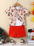 Boys' Christmas Printed 2-Piece Outfit, Polyester Fabric, Party Style, Non-Stretch, Random Print, Regular Fit, Woven, Button Detail, Shorts Set for Toddler Boys, for Outdoor